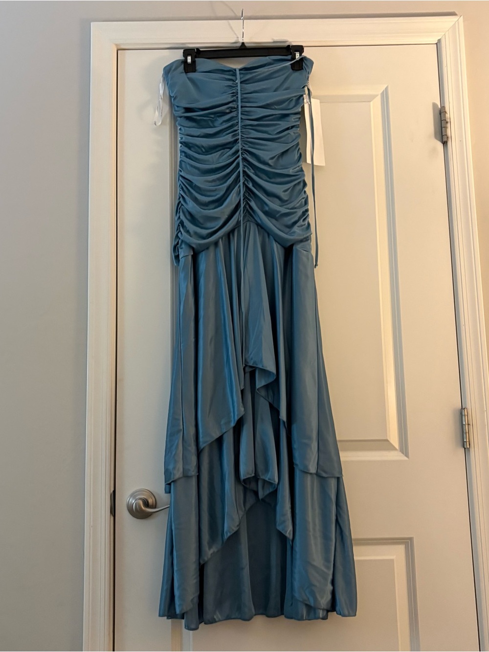 NWT Strapless Ruched Blue Cascade Evening Dress - Picture 3 of 12